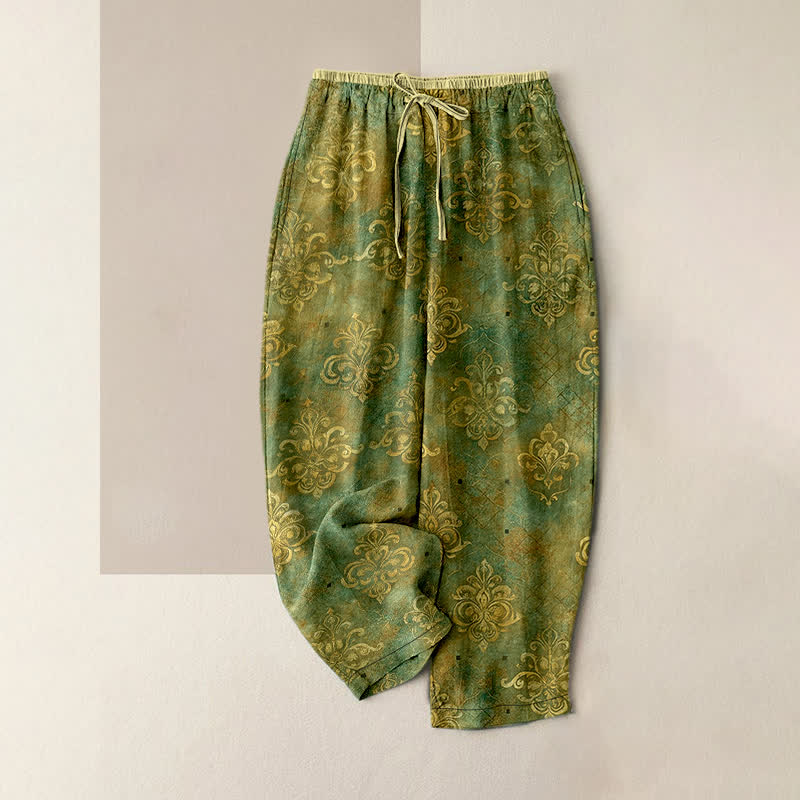 Buddha Stones Vintage Damask Print Women's Elastic Waist Pants With Pockets - OliveDrab - US16，UK/AU20，EU48 (3XL) - image 4