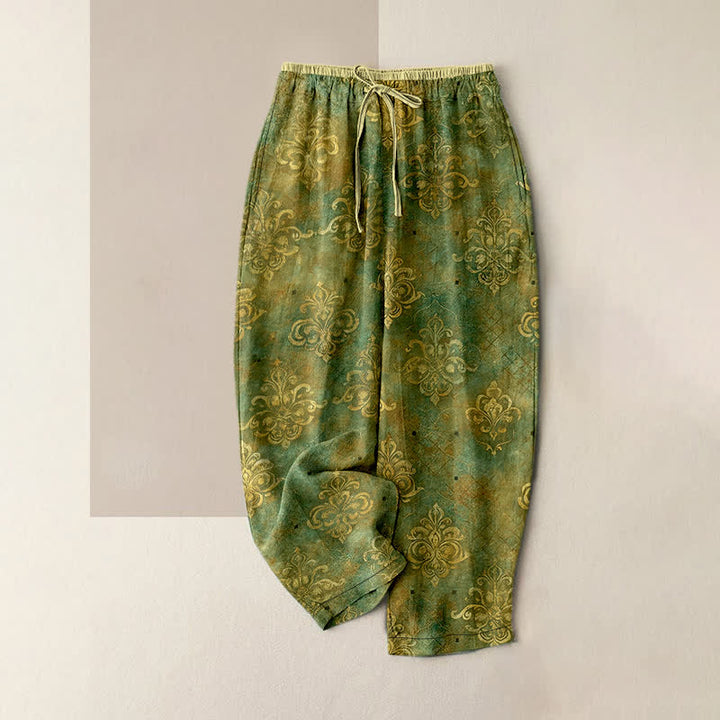 Buddha Stones Vintage Damask Print Women's Elastic Waist Pants With Pockets - OliveDrab - US16，UK/AU20，EU48 (3XL) - image 4