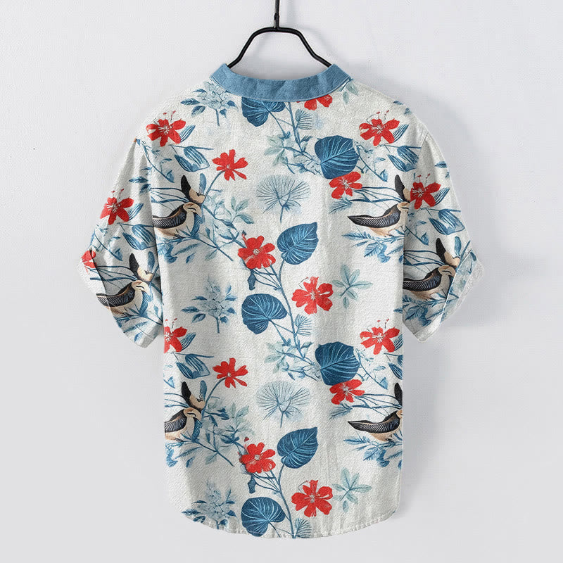 Buddha Stones Cotton Tropical Floral Bird Pattern Men's Short Sleeve Half Button Shirt - image 1