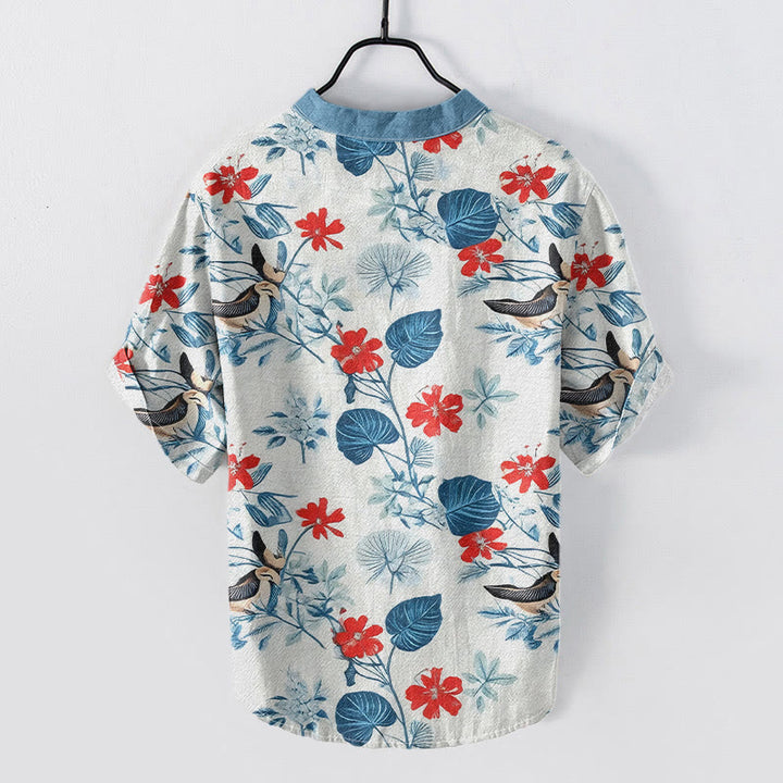 Buddha Stones Cotton Tropical Floral Bird Pattern Men's Short Sleeve Half Button Shirt - image 1