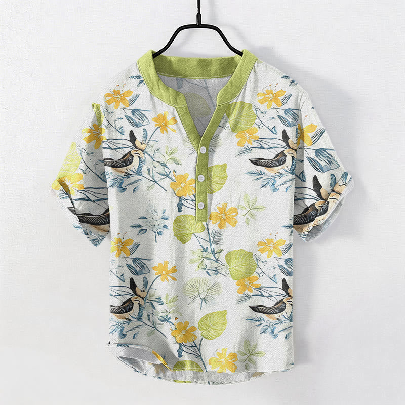 Buddha Stones Cotton Tropical Floral Bird Pattern Men's Short Sleeve Half Button Shirt - GreenYellow - US/UK/AU50，EU60 (5XL) - image 3