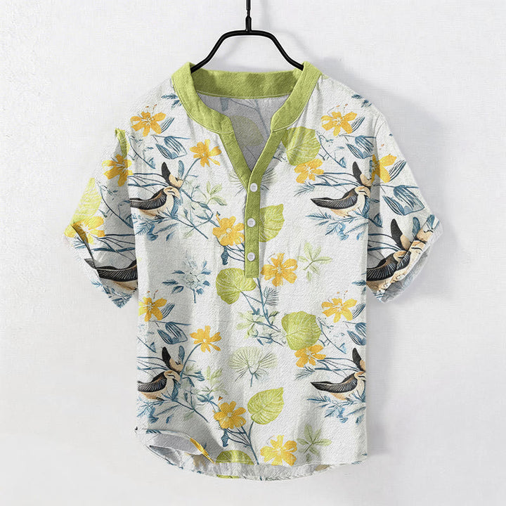 Buddha Stones Cotton Tropical Floral Bird Pattern Men's Short Sleeve Half Button Shirt - GreenYellow - US/UK/AU50，EU60 (5XL) - image 3