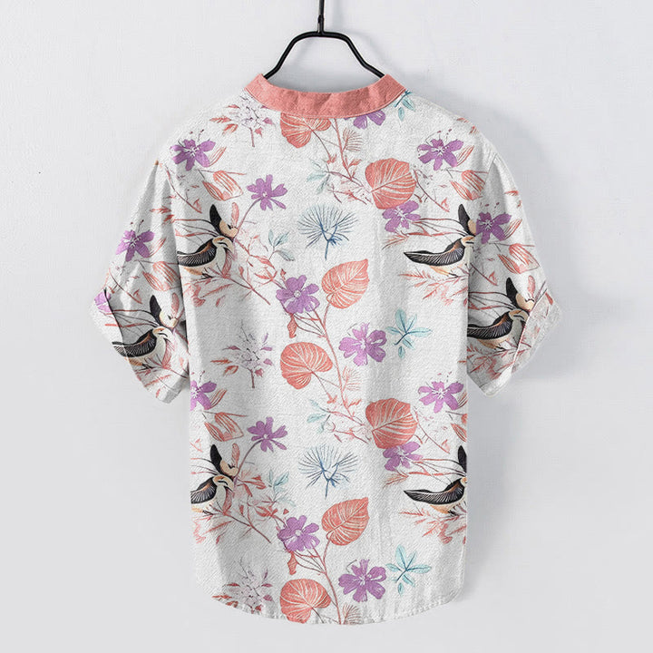 Buddha Stones Cotton Tropical Floral Bird Pattern Men's Short Sleeve Half Button Shirt - image 6