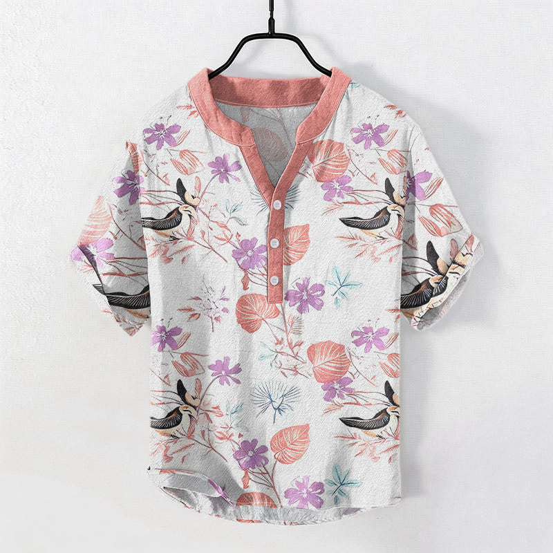 Buddha Stones Cotton Tropical Floral Bird Pattern Men's Short Sleeve Half Button Shirt - MistyRose - US/UK/AU50，EU60 (5XL) - image 5