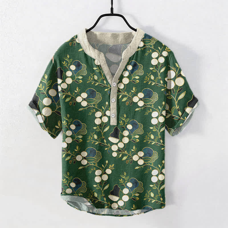 Buddha Stones Cotton Floral Berry Pattern Men's Short Sleeve Half Button Shirt - ForestGreen - US/UK/AU50，EU60 (5XL) - image 0