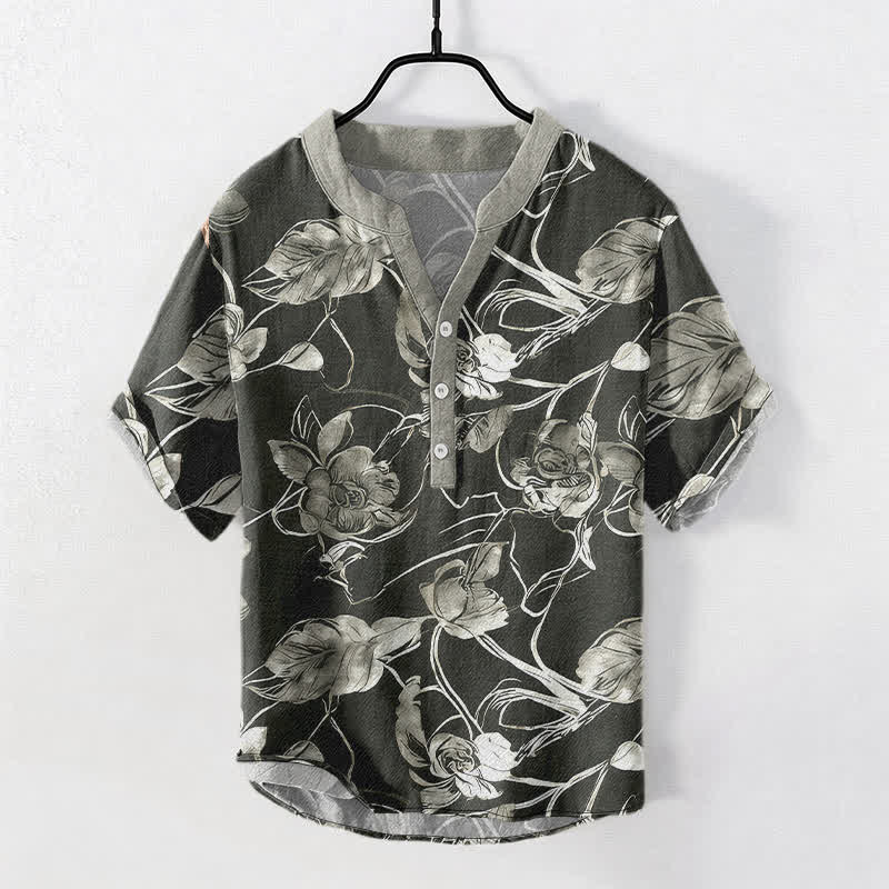 Buddha Stones Cotton Botanical Floral Leaves Pattern Men's Short Sleeve Half Button Shirt - Black - US/UK/AU50，EU60 (5XL) - image 0