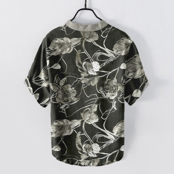 Buddha Stones Cotton Botanical Floral Leaves Pattern Men's Short Sleeve Half Button Shirt - image 1