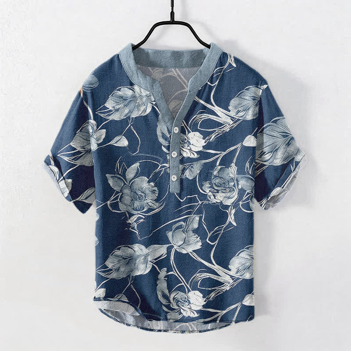Buddha Stones Cotton Botanical Floral Leaves Pattern Men's Short Sleeve Half Button Shirt - SteelBlue - US/UK/AU50，EU60 (5XL) - image 5