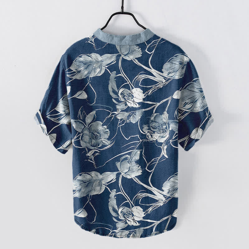 Buddha Stones Cotton Botanical Floral Leaves Pattern Men's Short Sleeve Half Button Shirt - image 6