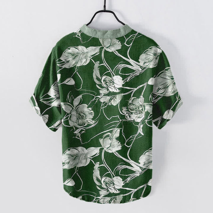 Buddha Stones Cotton Botanical Floral Leaves Pattern Men's Short Sleeve Half Button Shirt - image 8
