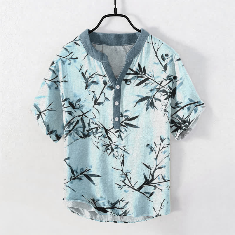 Buddha Stones Cotton Bamboo Ink Pattern Men's Short Sleeve Half Button Shirt - PaleTurquoise - US/UK/AU50，EU60 (5XL) - image 5