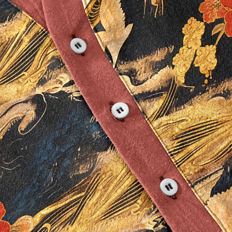 Buddha Stones Cotton Vintage White Crane Peony Pattern Men's Short Sleeve Half Button Shirt - image 3