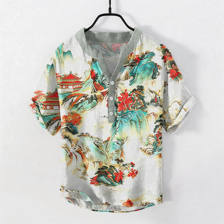 Buddha Stones Cotton Oriental Landscape Pagodas Mountains Pattern Men's Short Sleeve Half Button Shirt - Ivory - US/UK/AU50，EU60 (5XL) - image 5