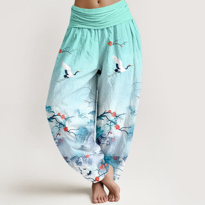 Buddha Stones Pure Cotton Blue Ombre Crane Blossom Pattern Women's Elastic Waist Harem Pants - Turquoise - US16，UK/AU20，EU48 (3XL) - image 5