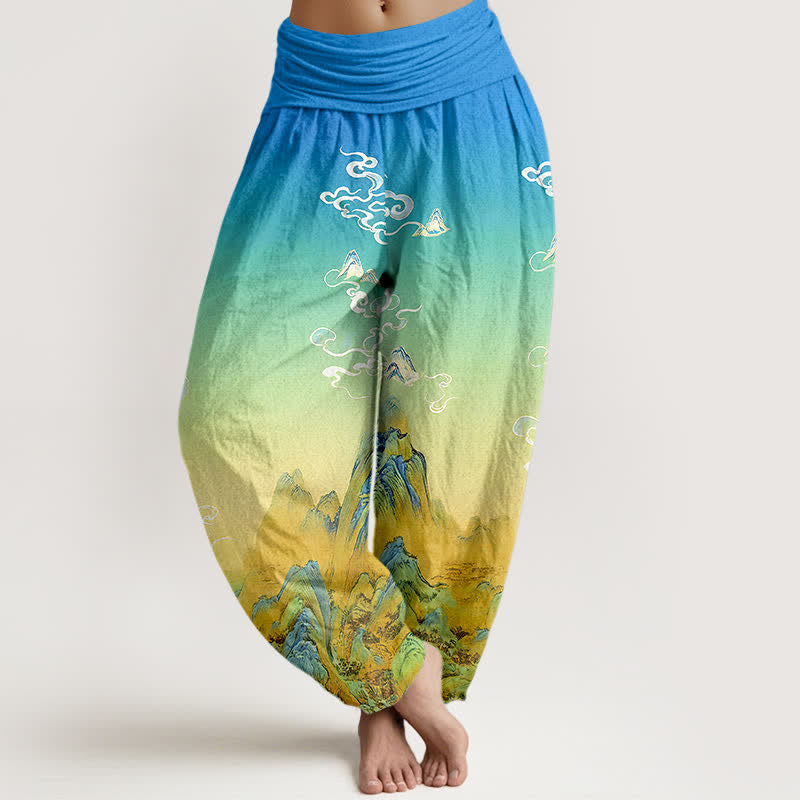 Buddha Stones Pure Cotton Ink Wash Mountain Gradient Pattern Women's Elastic Waist Harem Pants - Turquoise - US16，UK/AU20，EU48 (3XL) - image 0