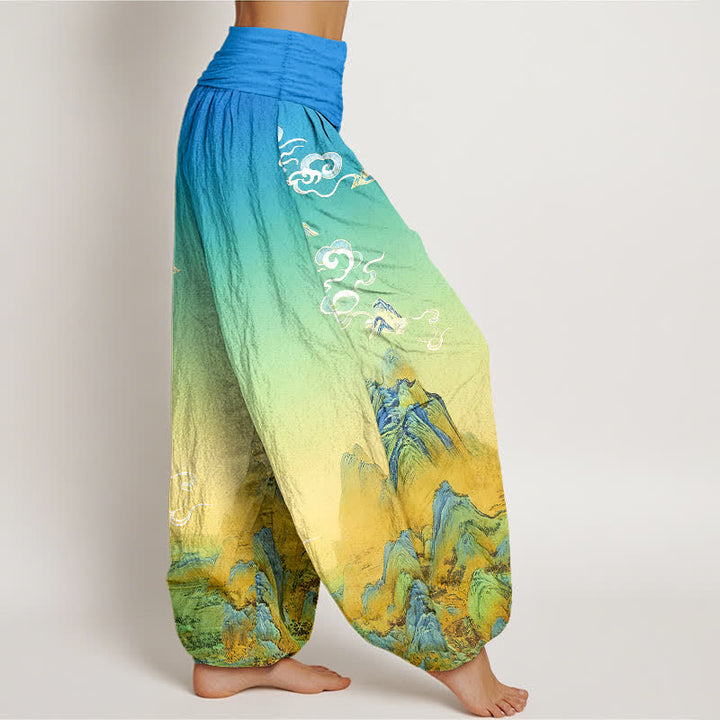 Buddha Stones Pure Cotton Ink Wash Mountain Gradient Pattern Women's Elastic Waist Harem Pants - image 2