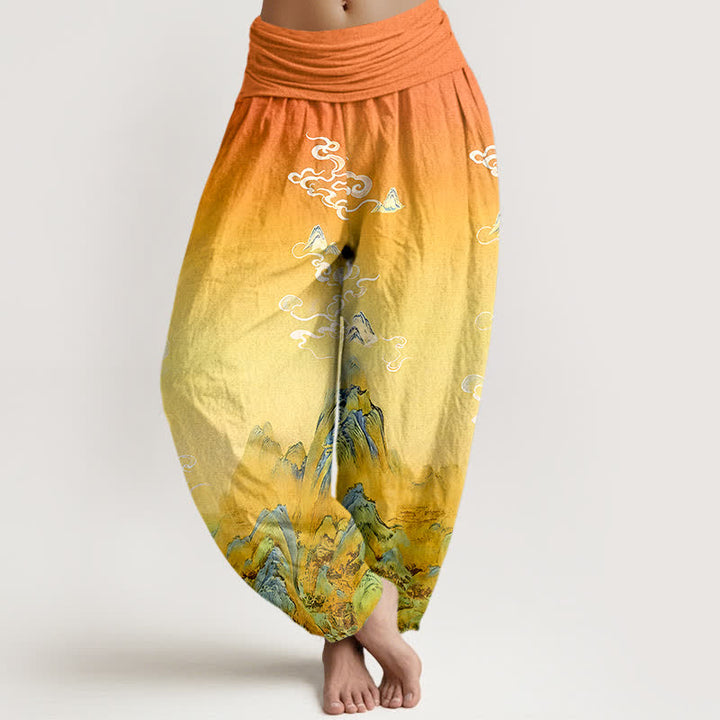 Buddha Stones Pure Cotton Ink Wash Mountain Gradient Pattern Women's Elastic Waist Harem Pants - Goldenrod - US16，UK/AU20，EU48 (3XL) - image 8