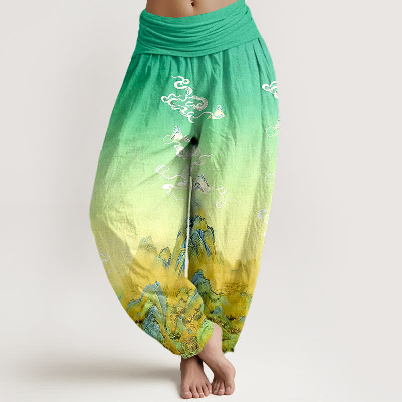 Buddha Stones Pure Cotton Ink Wash Mountain Gradient Pattern Women's Elastic Waist Harem Pants - MediumSeaGreen - US16，UK/AU20，EU48 (3XL) - image 5