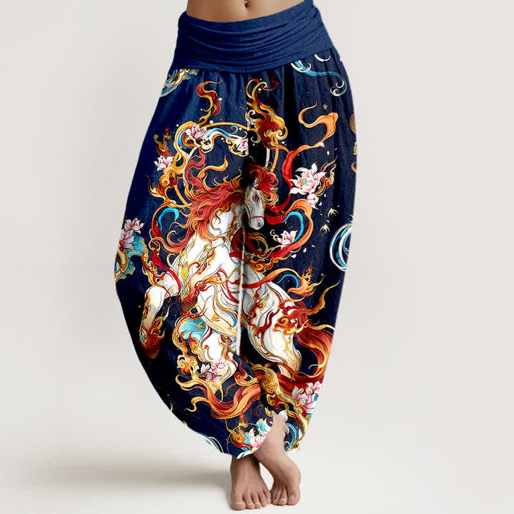 Buddha Stones Pure Cotton Mythical Phoenix Flame Pattern Women's Elastic Waist Harem Pants - Navy - US16，UK/AU20，EU48 (3XL) - image 5