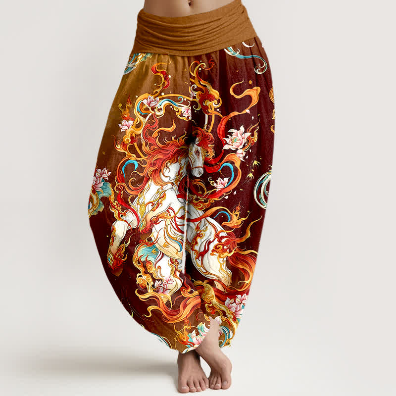 Buddha Stones Pure Cotton Mythical Phoenix Flame Pattern Women's Elastic Waist Harem Pants - Maroon - US16，UK/AU20，EU48 (3XL) - image 8