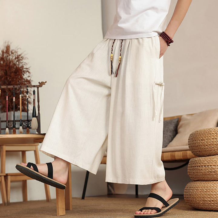 Buddha Stones Summer Solid Men's Elastic Waist Wide Leg Pants With Pockets - image 3