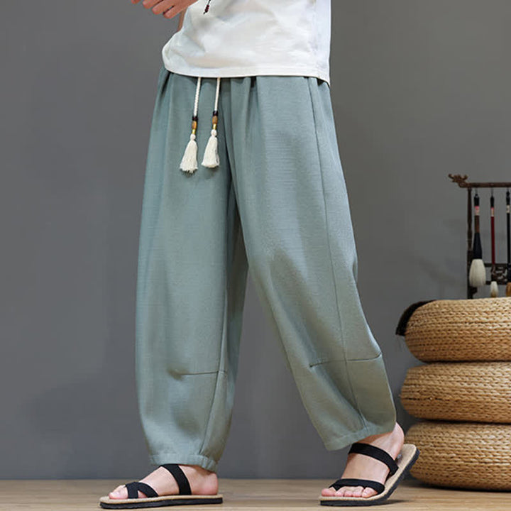 Buddha Stones Summer Drawstring Solid Men's Elastic Waist Harem Pants With Pockets - image 1