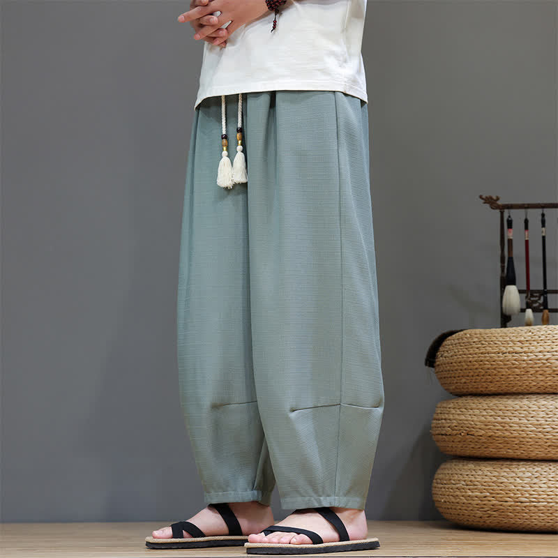 Buddha Stones Summer Drawstring Solid Men's Elastic Waist Harem Pants With Pockets - image 2