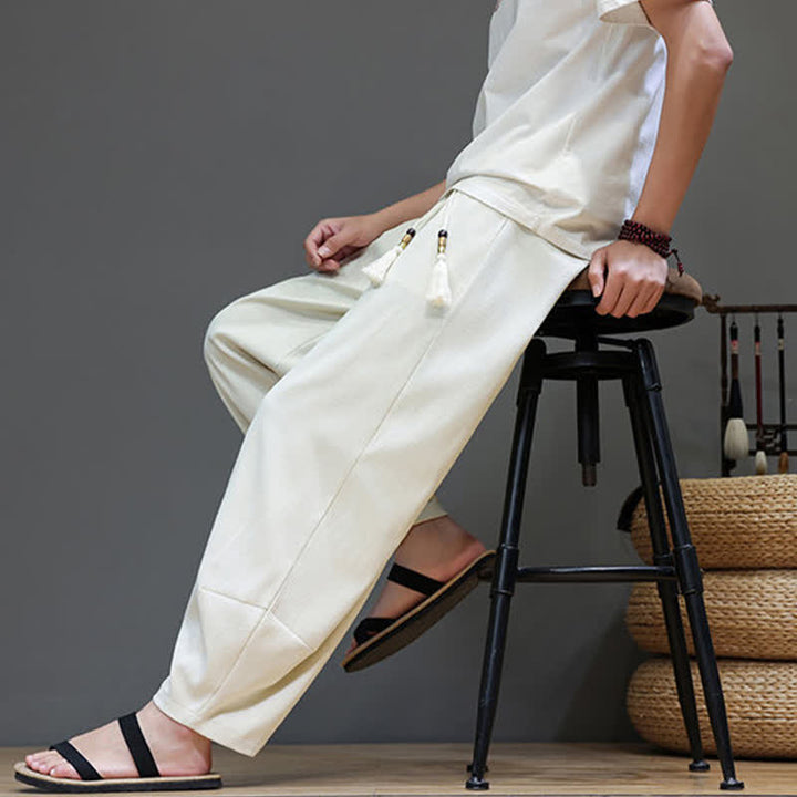 Buddha Stones Summer Drawstring Solid Men's Elastic Waist Harem Pants With Pockets - image 19