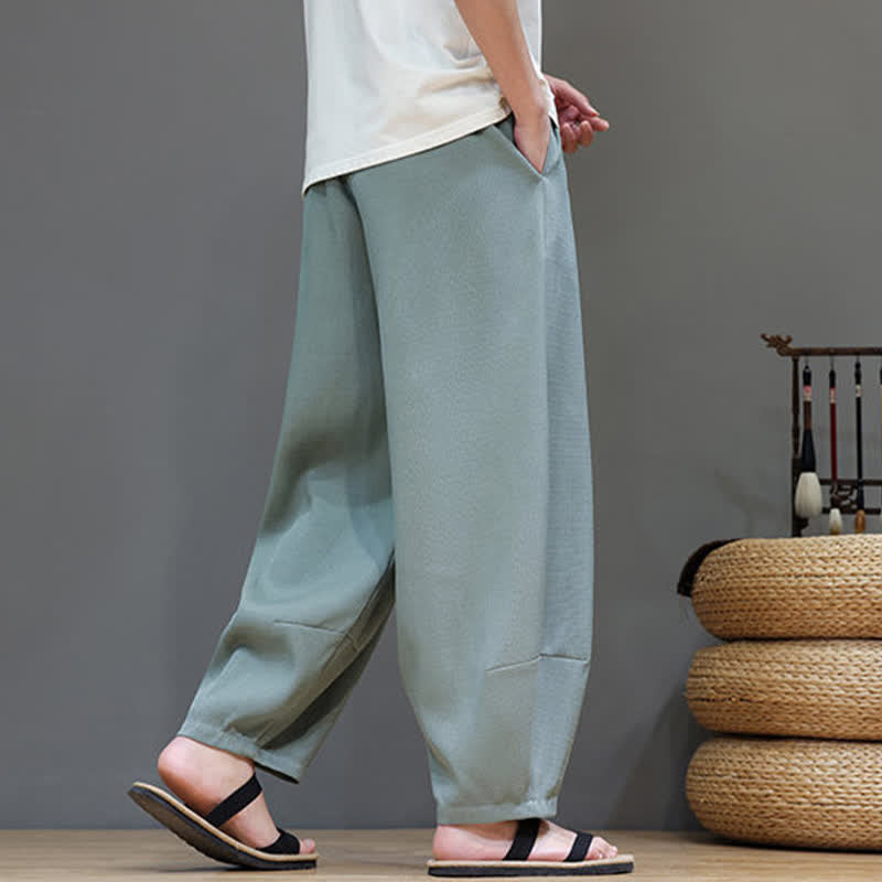 Buddha Stones Summer Drawstring Solid Men's Elastic Waist Harem Pants With Pockets - image 4