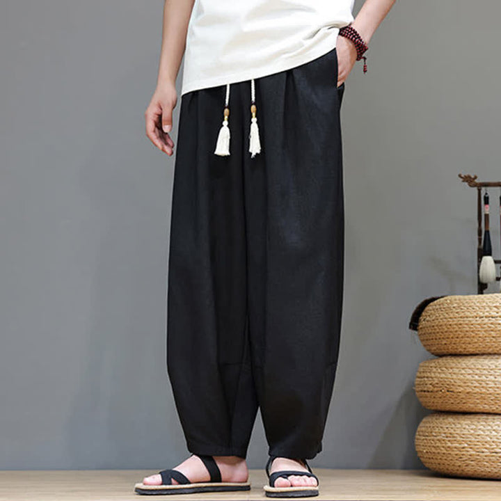 Buddha Stones Summer Drawstring Solid Men's Elastic Waist Harem Pants With Pockets - image 26