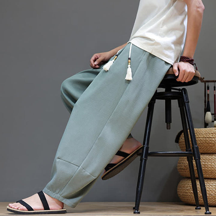 Buddha Stones Summer Drawstring Solid Men's Elastic Waist Harem Pants With Pockets - image 6