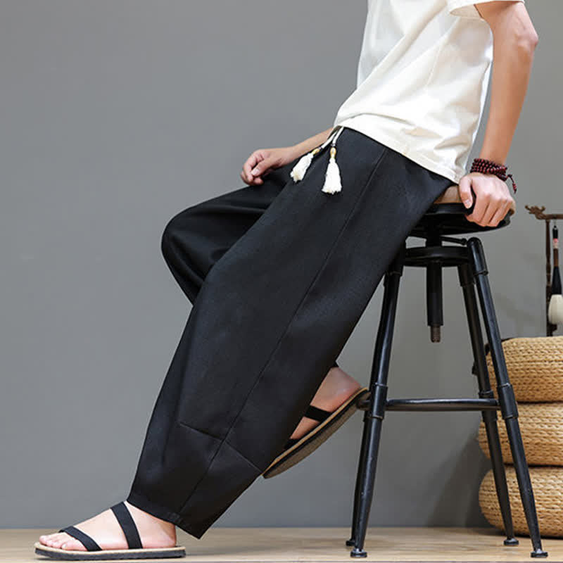 Buddha Stones Summer Drawstring Solid Men's Elastic Waist Harem Pants With Pockets - image 28