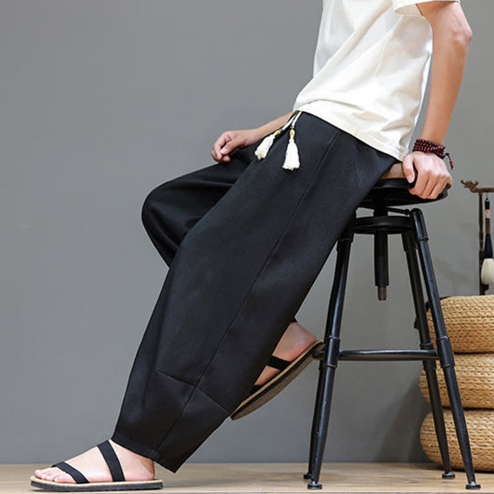 Buddha Stones Summer Drawstring Solid Men's Elastic Waist Harem Pants With Pockets - image 28