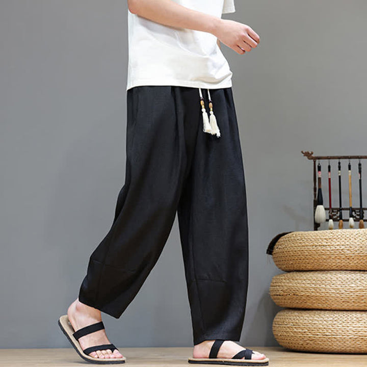 Buddha Stones Summer Drawstring Solid Men's Elastic Waist Harem Pants With Pockets - image 24
