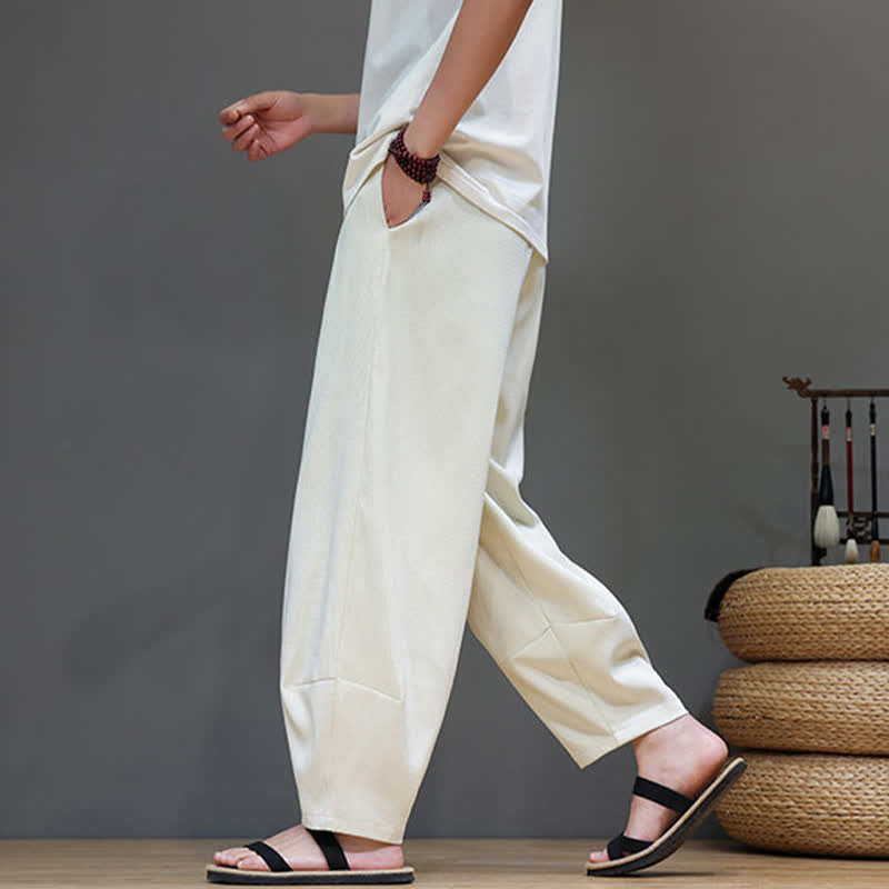 Buddha Stones Summer Drawstring Solid Men's Elastic Waist Harem Pants With Pockets - image 12