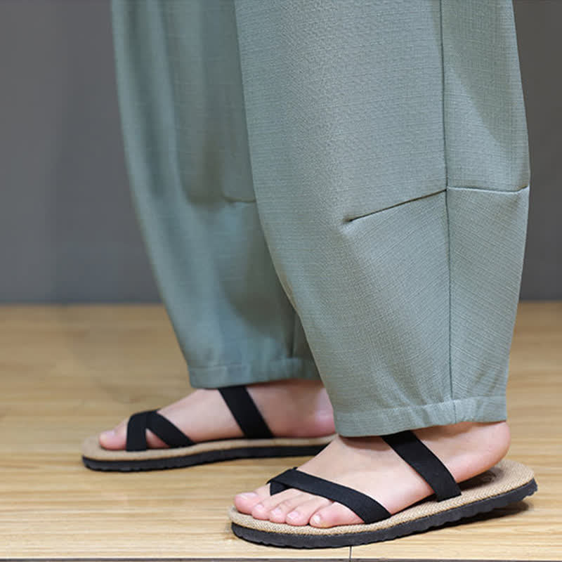 Buddha Stones Summer Drawstring Solid Men's Elastic Waist Harem Pants With Pockets - image 9