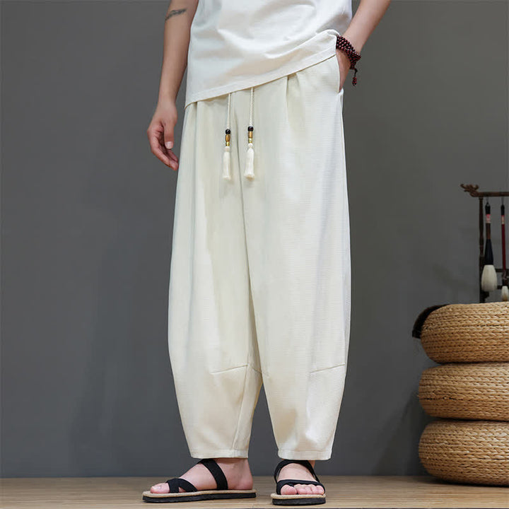 Buddha Stones Summer Drawstring Solid Men's Elastic Waist Harem Pants With Pockets - image 11