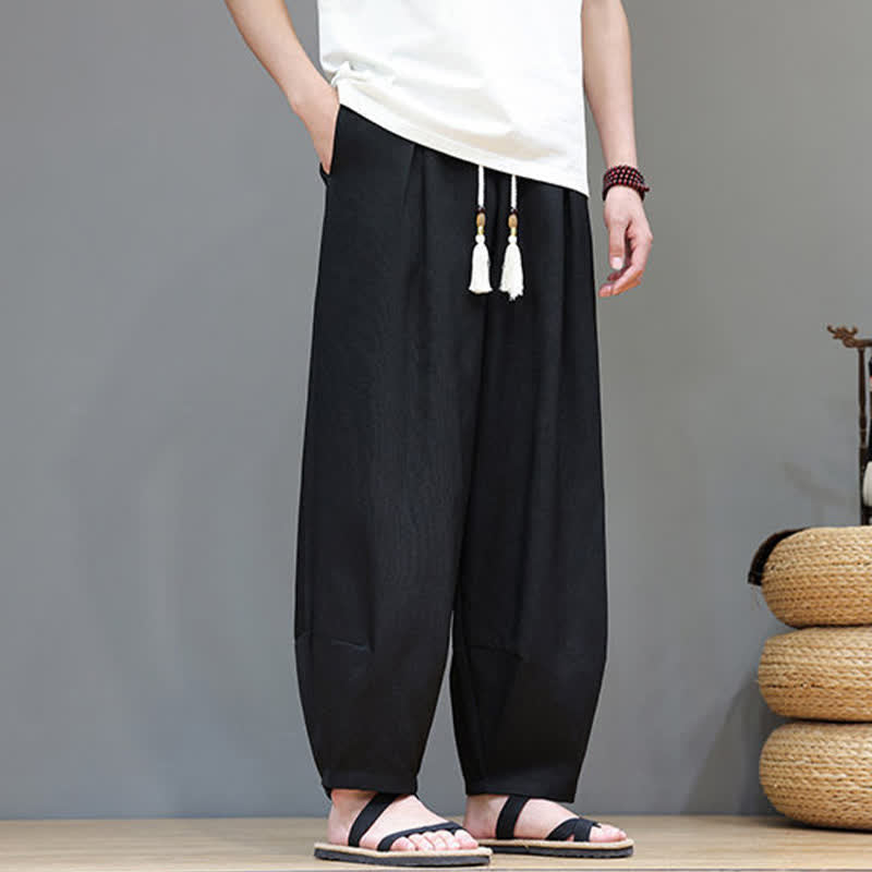 Buddha Stones Summer Drawstring Solid Men's Elastic Waist Harem Pants With Pockets - image 20