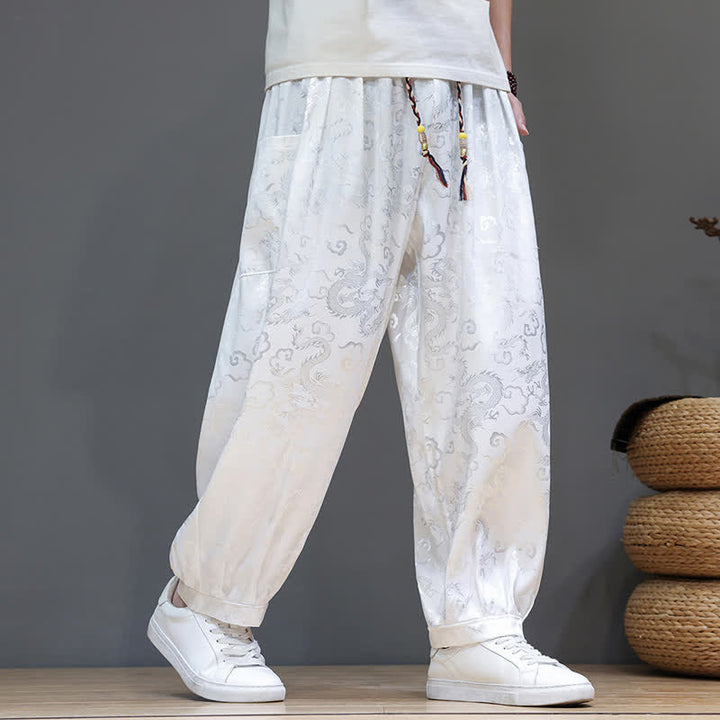 Buddha Stones Summer Drawstring Cloud Pattern Solid Elastic Waist Men's Harem Pants With Pockets - image 21