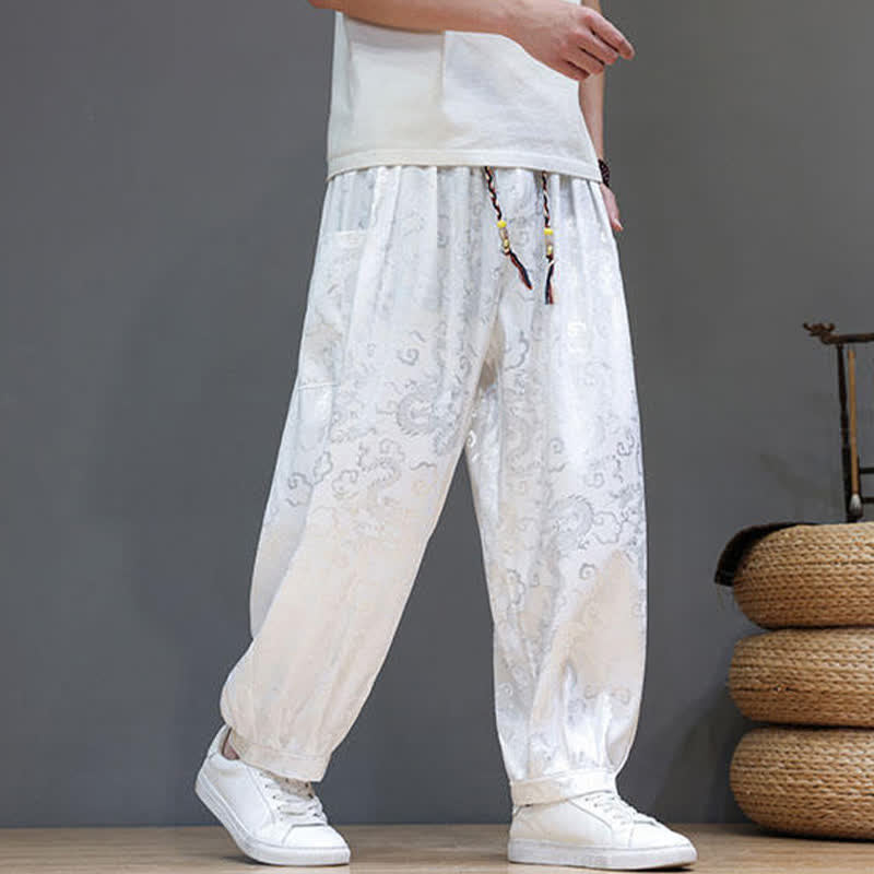 Buddha Stones Summer Drawstring Cloud Pattern Solid Elastic Waist Men's Harem Pants With Pockets - image 16