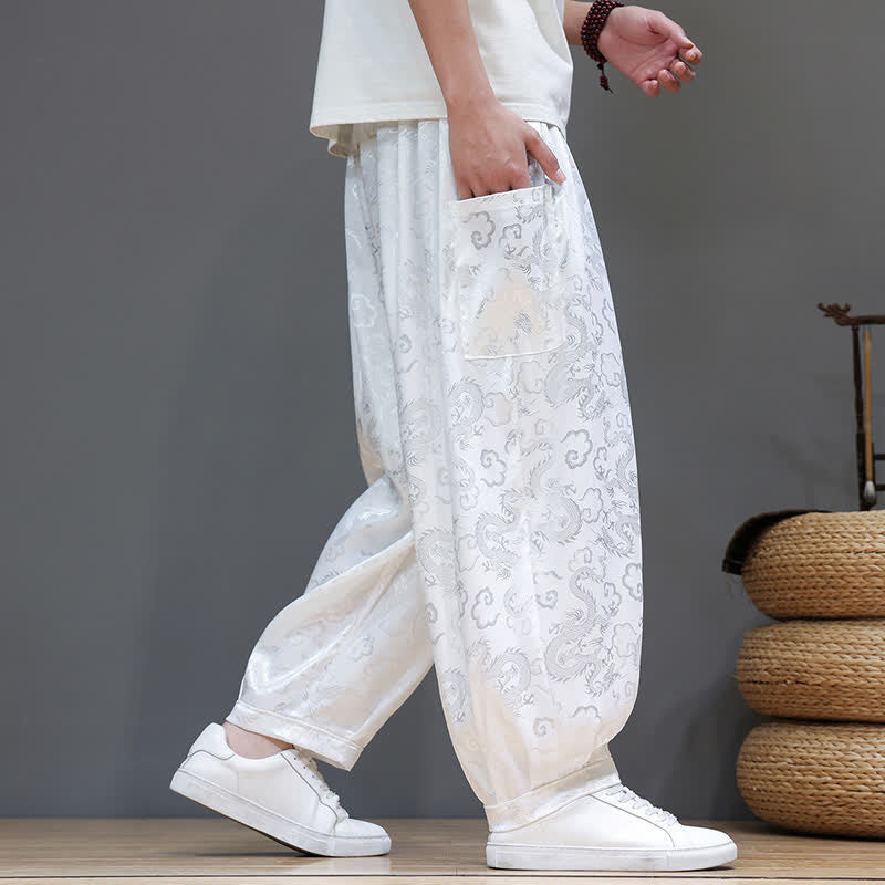 Buddha Stones Summer Drawstring Cloud Pattern Solid Elastic Waist Men's Harem Pants With Pockets - image 20