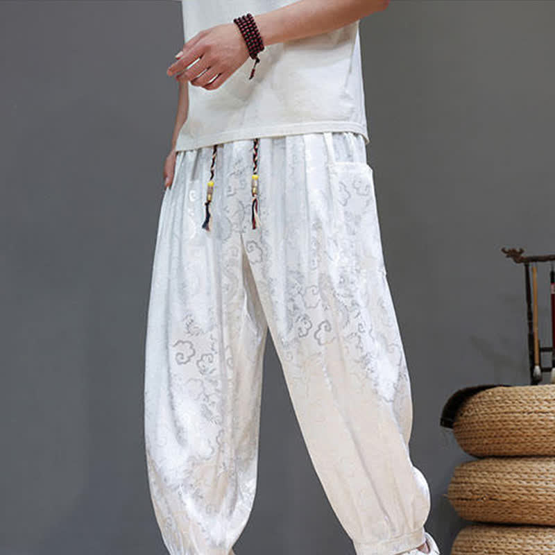 Buddha Stones Summer Drawstring Cloud Pattern Solid Elastic Waist Men's Harem Pants With Pockets - image 13