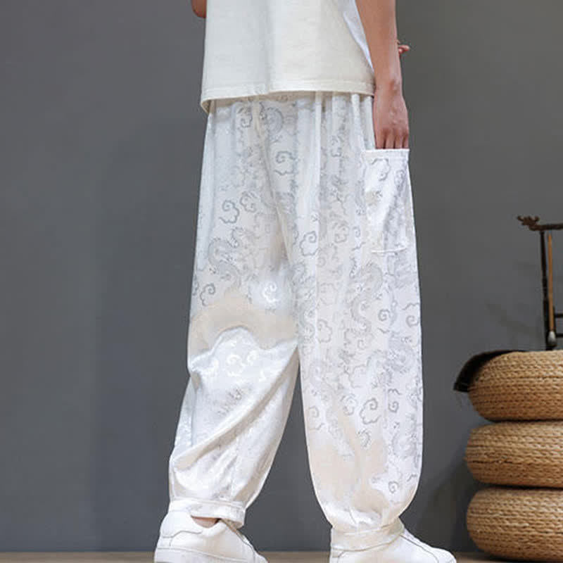 Buddha Stones Summer Drawstring Cloud Pattern Solid Elastic Waist Men's Harem Pants With Pockets - image 15