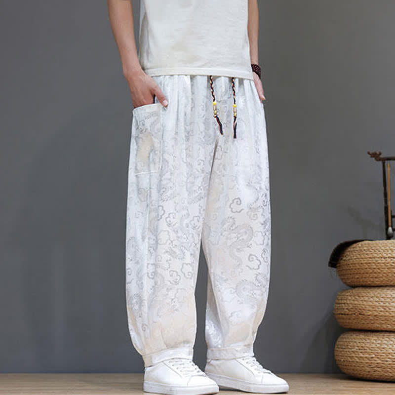 Buddha Stones Summer Drawstring Cloud Pattern Solid Elastic Waist Men's Harem Pants With Pockets - image 11