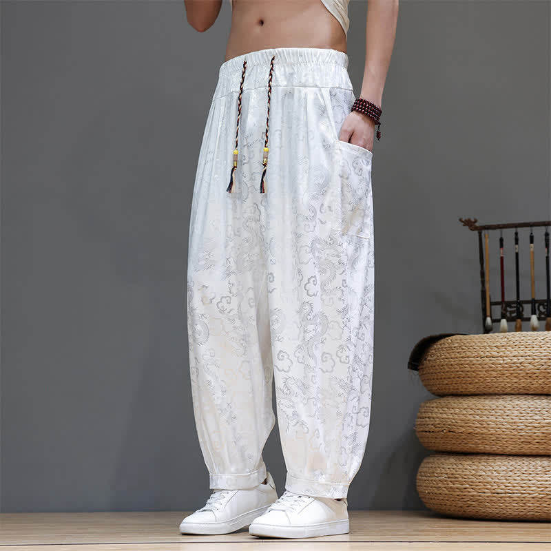 Buddha Stones Summer Drawstring Cloud Pattern Solid Elastic Waist Men's Harem Pants With Pockets - image 12