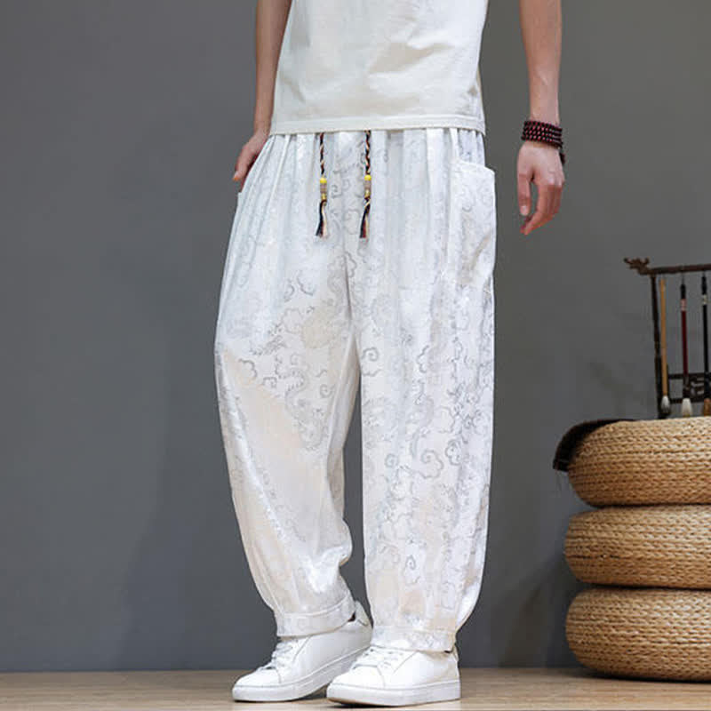 Buddha Stones Summer Drawstring Cloud Pattern Solid Elastic Waist Men's Harem Pants With Pockets - image 14