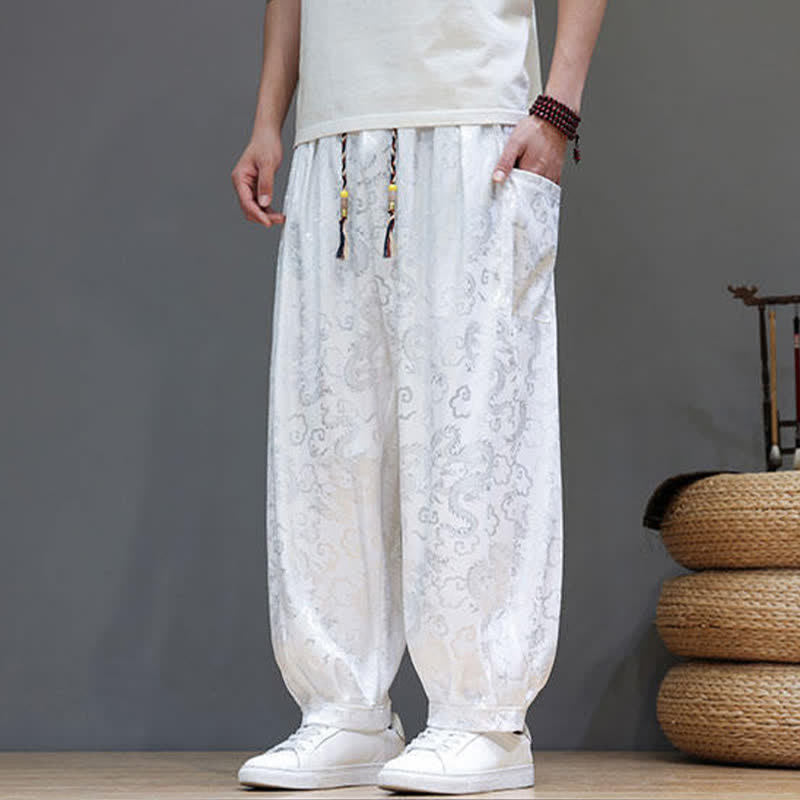 Buddha Stones Summer Drawstring Cloud Pattern Solid Elastic Waist Men's Harem Pants With Pockets - image 17