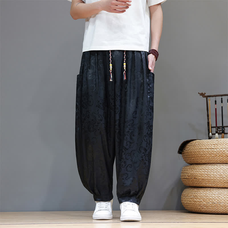 Buddha Stones Summer Drawstring Cloud Pattern Solid Elastic Waist Men's Harem Pants With Pockets - Black - US/UK/AU46，EU56 (5XL) - image 0