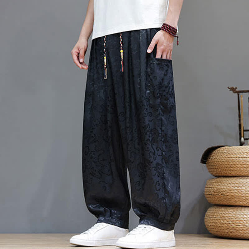 Buddha Stones Summer Drawstring Cloud Pattern Solid Elastic Waist Men's Harem Pants With Pockets - image 1