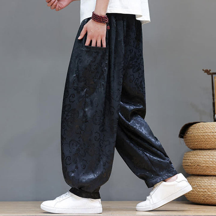 Buddha Stones Summer Drawstring Cloud Pattern Solid Elastic Waist Men's Harem Pants With Pockets - image 3